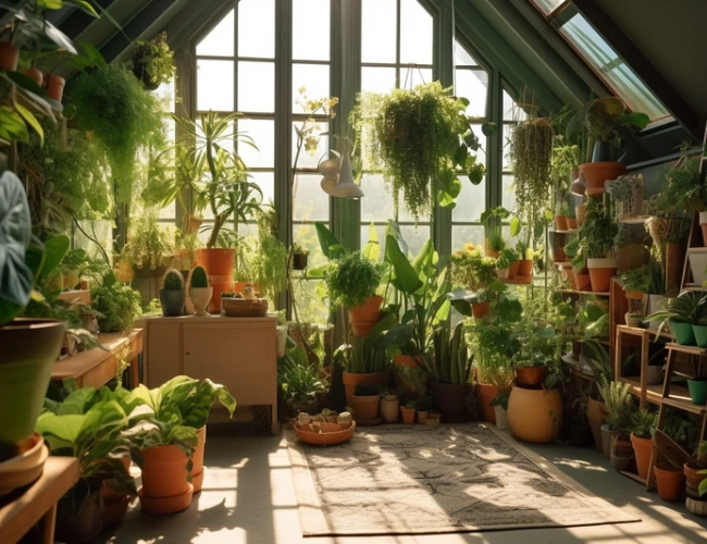 Indoor plant care, image showing lots of indoor plants inside a house near glass window